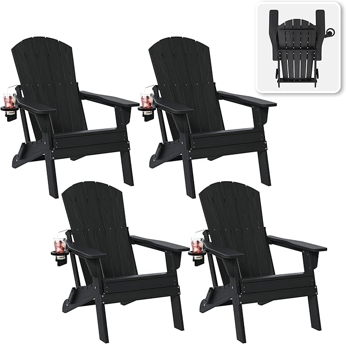 Folding Adirondack Chair Set of 4 with Cup Holder, HDPE All Weather Resistant Plastic Outdoor Patio Chairs, Heavy Duty Fire Pit Seating for Backyard Lawn Garden, Wooden Textured Design(Black)