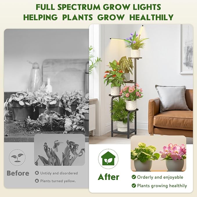 TOSKING 48" Tall Plant Stand with Grow Lights - 5-Tier Corner Plant Shelf with LED Full Spectrum Lights with Dimmer & Timer, Multi-Functional Corner Plant Stand for Home, Office, Balcony (Grow Light 5 Tier-Black)