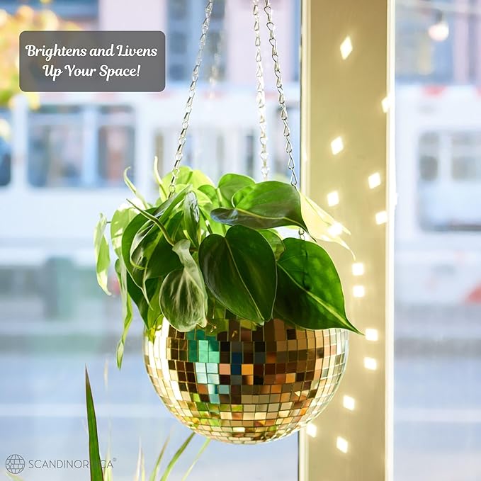 SCANDINORDICA Disco Ball Planter – Value Package: Mirror Disco Planter with Chain, Macrame Hanger and Acrylic Stand for Desk, Includes Self Watering Insert, Disco Decor | 8 inch Gold