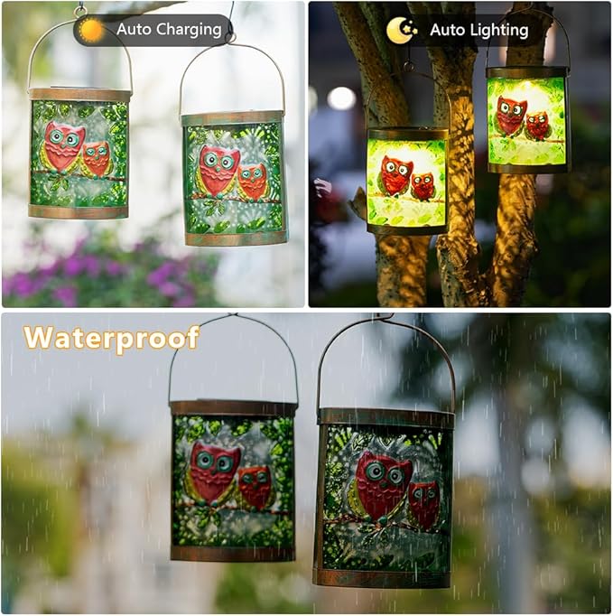 Starsoul 2 Pack Hanging Solar Lantern Outdoor Waterproof Owls Nestled on Branch Glass Decorative Solar Lights for Outside Garden Yard Table Patio Decor