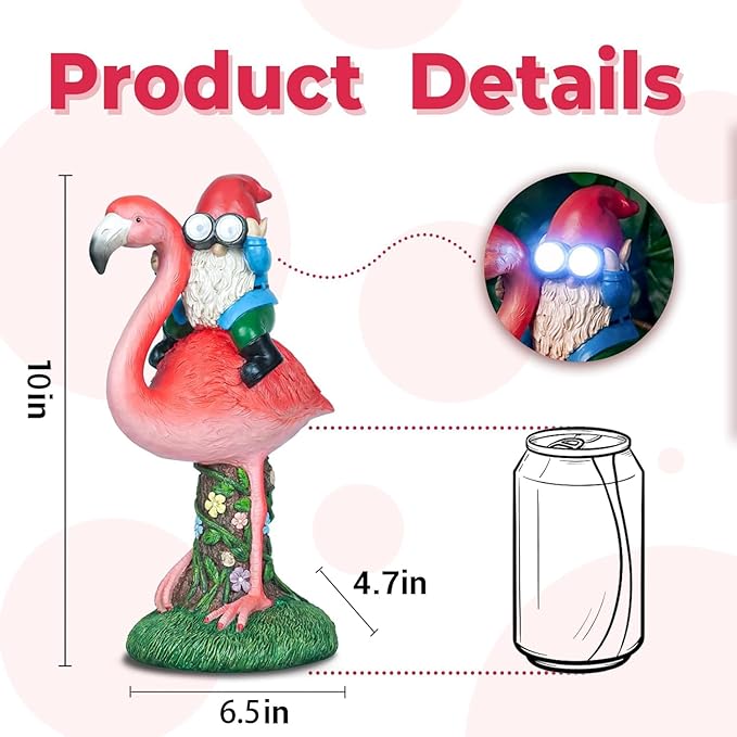 Solar Flamingo Gnome Garden Decor Statue, Outdoor Funny Solar Light Decoration for Yard, Patio, Lawn, Unique Housewarming, Birthday Gift for Women, Mom, Grandma