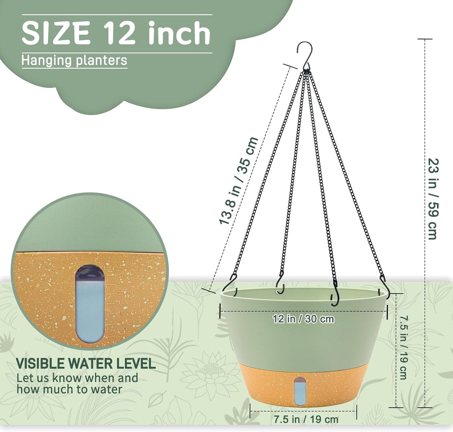 ZMTECH 12 Inch Large Hanging planters for Indoor, 2 Pack Self Watering Plant Pot for Outdoor Garden Porch, Hanging Flower Pot with Visible Water Level & Removable Tray(12Inch, Green)