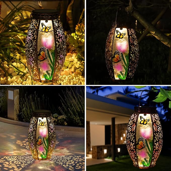 Solar Lanterns Outdoor Hanging Light - Solar Powered LED Butterfly Glass Lights Decorative Waterproof Tabletop Lampwith Hollowed-Out Design for Indoor Yard Table Patio Garden Pathway Holiday