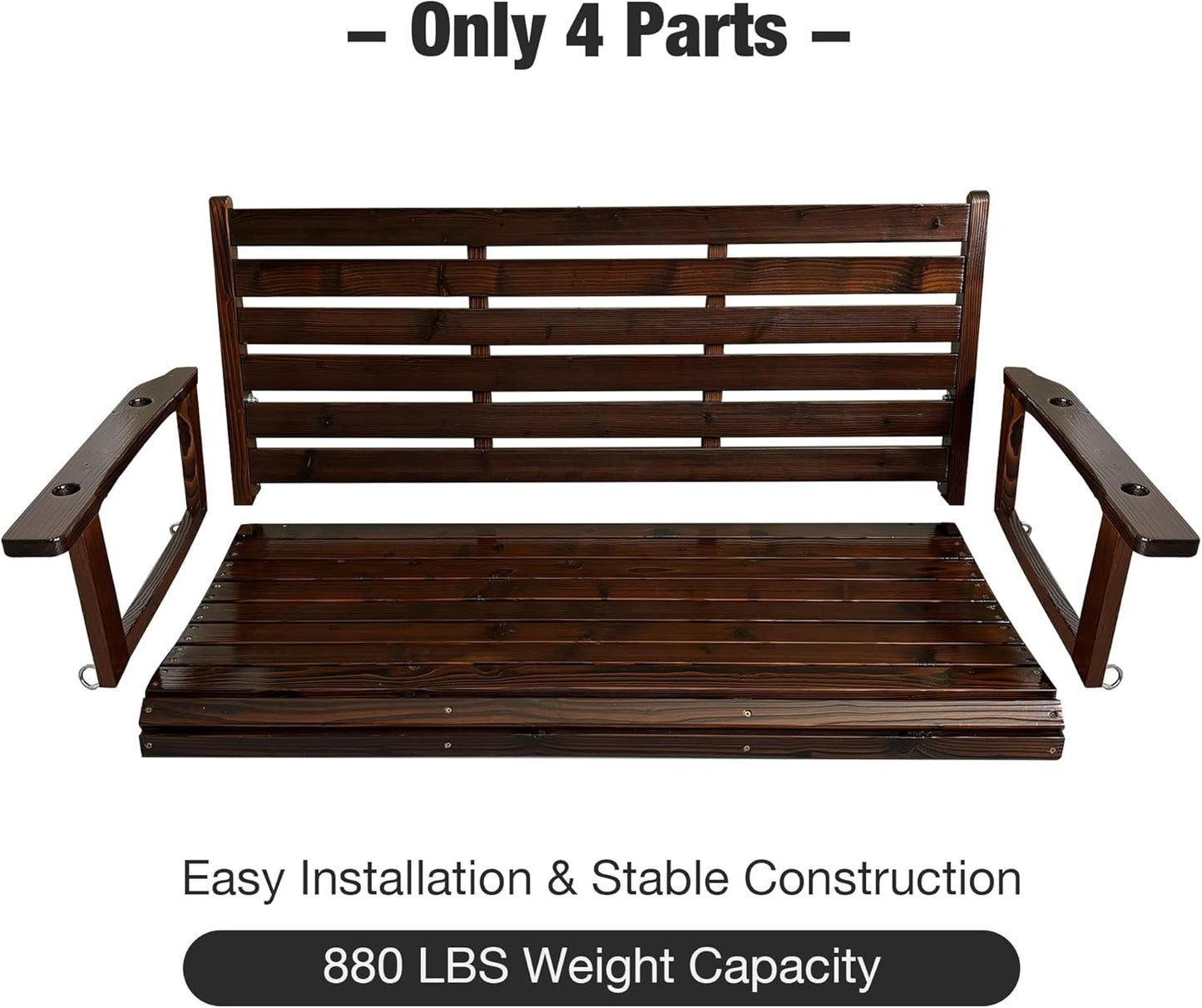 Wooden Porch Swing, Ergonomic Seat, Bench Swing with Hanging Chains and 7mm Springs, Heavy Duty 880 LBS, for Outdoor Patio Garden Yard (Dark Brown, 2-Seater Extra Large)