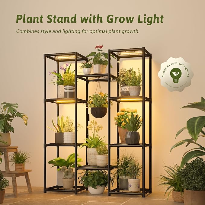 Plant Stand With Grow Lights Plant Stand Indoor Plant Shelf Metal Plant Rack Plant Holder Flower Pot Stand for Multiple Plants for Living Room Patio Balcony Garden Porch Black