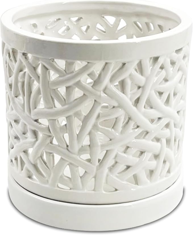 Large Ceramic Orchid Pot with Holes, 6 Inches Wide, for Indoors or Outdoors with Woven String Cut Out Design, Orchid Planters