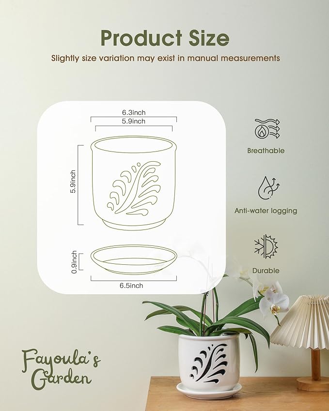 Ceramic Orchid Pot, 6 Inch Orchid Pots with Holes and Saucer for Indoor/Outdoor Plants Drainage & Air Circulation, White Orchid Planter for Repotting or New Plants