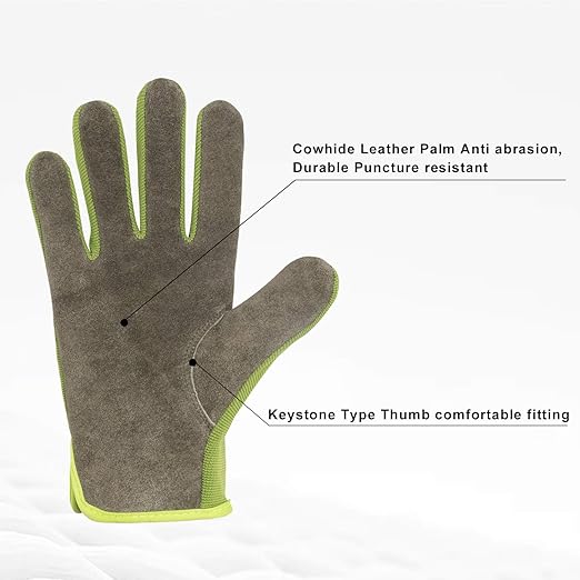 HLDD HANDLANDY Leather Work Gloves for Men & Women, Cowhide Gardening Gloves Utility Work Gloves, Mechanic Construction Driver Gloves (L, Green)