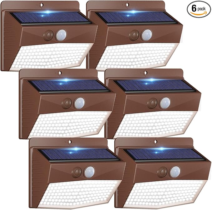 Peasur 6 Packs Solar Outdoor Lights Motion Sensor Solar Security Lights Waterproof with 3 Lighting Modes Solar Powered Wall Lights Outside for Garden Fence Yard Deck, Brown