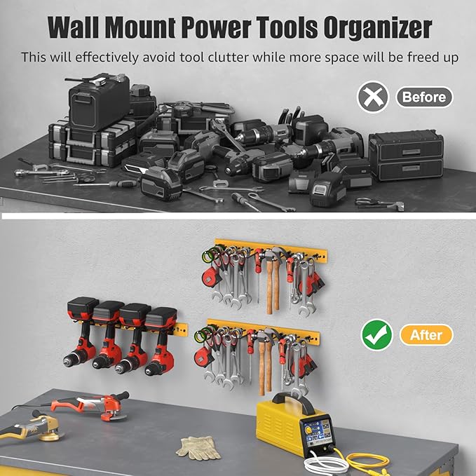 CCCEI 3 Modular Pegboard Strip Storage, Metal Peg Slat Wall Mount for Garage, Basement, Garden, Laundry Room Organization. Flexible Tool Organizer for Rake, Shovels, Crafting. Gifts for Men, Yellow.