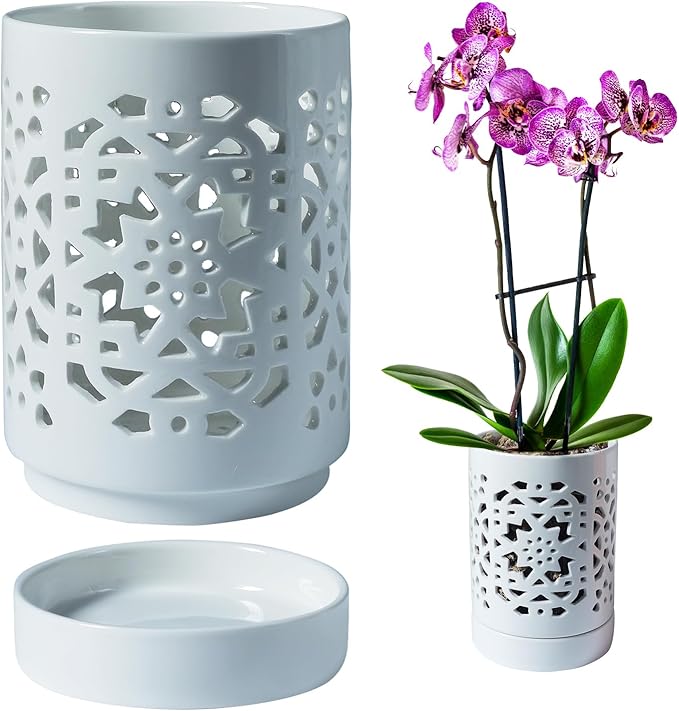 Orchid Pot 4 Inch, Orchid Pots with Holes & Saucers for Repotting Orchid, Breathable Slotted Flower Plant Nursery Pot White