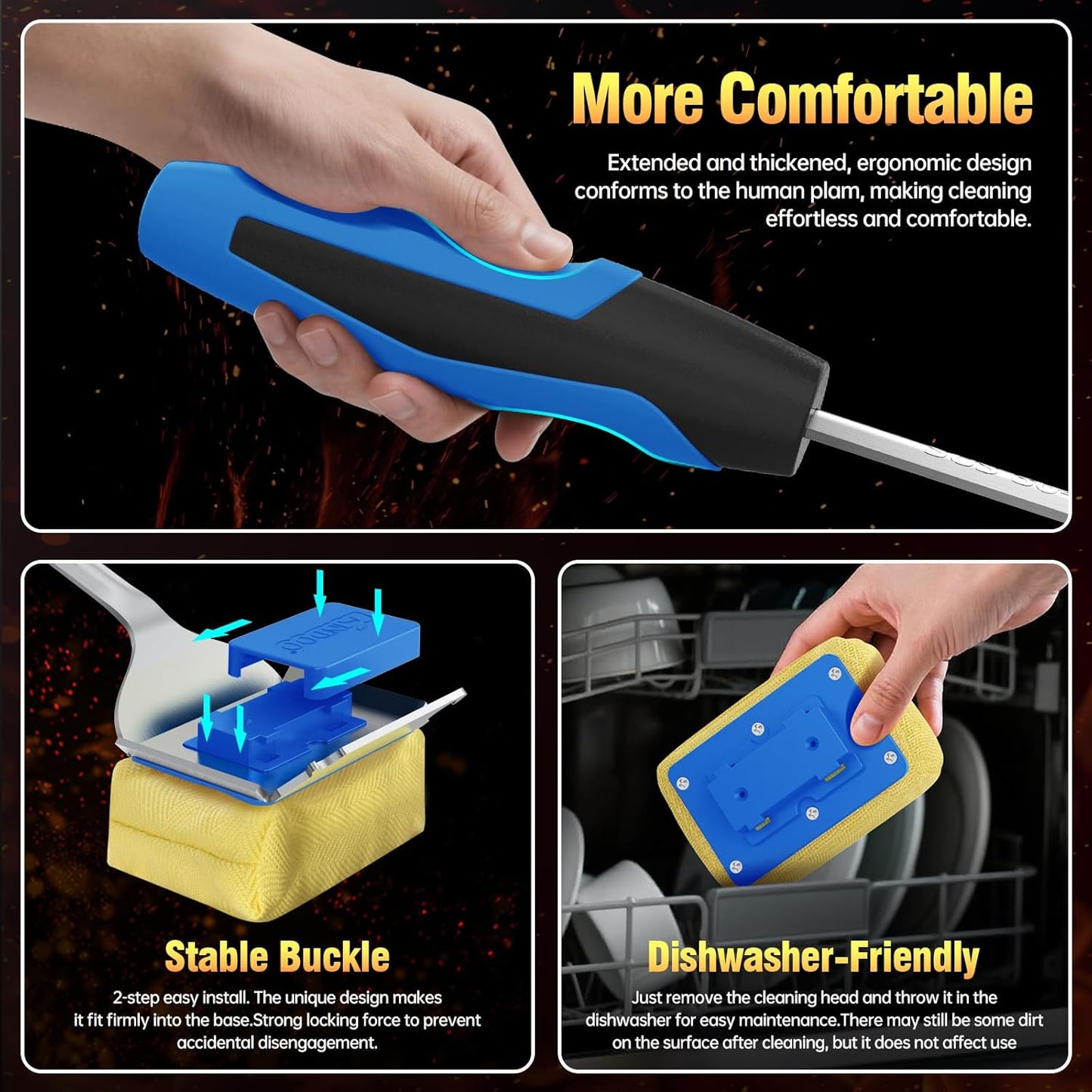 Grill Brush Bristle Free for Outdoor Grill, Steam Grill Cleaning Brush Replaceable BBQ Cleaner Brush Head,Extended Handle, Safe Grill Brush with Scraper for Cast Iron Stainless-Steel Grates, Blue