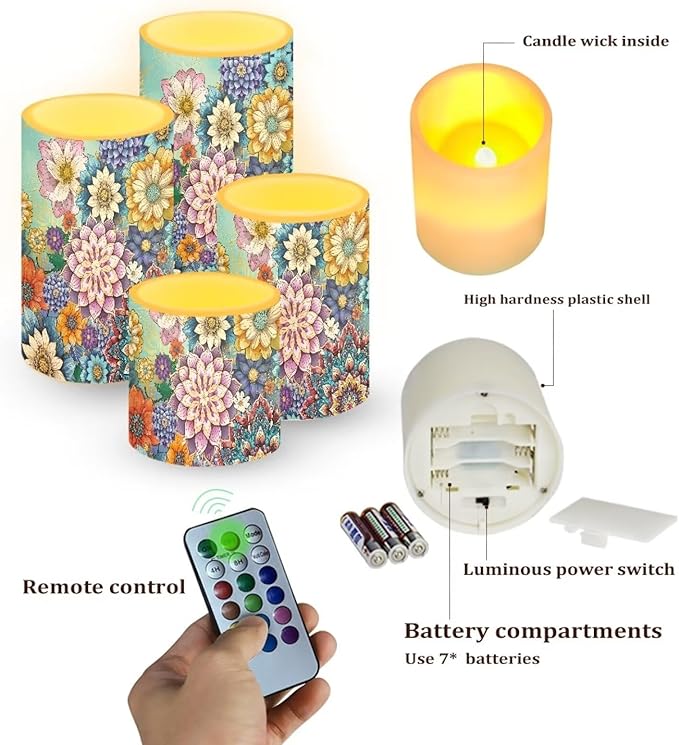 Flameless LED Candles Electric Candles with Remote Timer Control Long Lasting Pillar Candles Tealights Bohemian Style Home Outdoor Decoration Pack of 4, Boho Flower Purple Blue