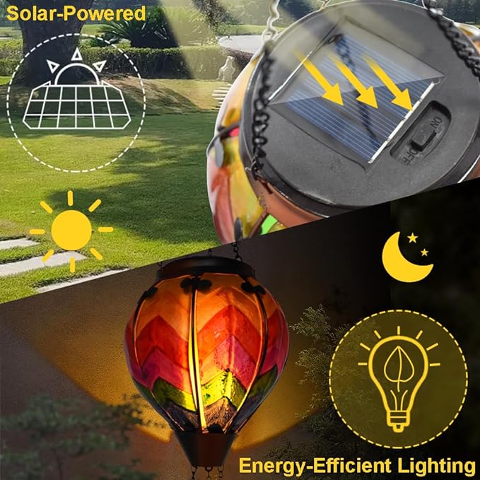 2PCS Solar Hot Air Balloon Lanterns with Flame with Shepherd's Hooks, Glass Hanging Flickering Lights Outdoor Waterproof for Garden Tree Yard Patio Mother's Day Gift, 18" H Wavy-Colorful