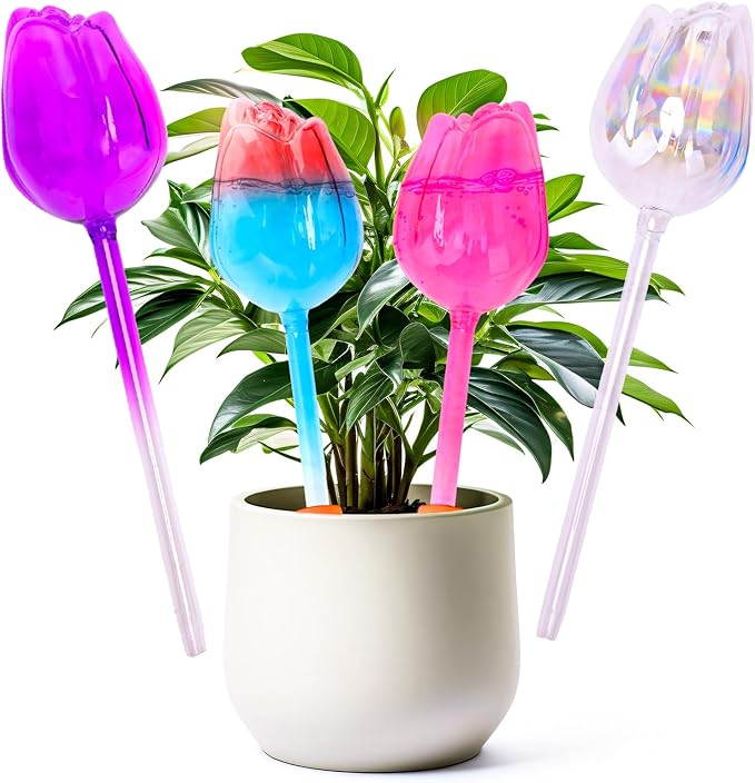 Plant Watering Globes Tulips, 4 Pcs Glass Self Watering Globes, Self Watering Planter Insert with Watering Spikes ,Automatic Plant Watering Devices,Large Watering Bulbs for Indoor & Outdoor Plants