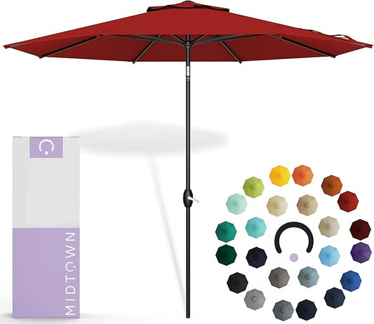 Midtown Umbrellas Sunbrella Umbrella 10 Feet Large Outdoor Umbrella With Sunbrella Red Acrylic Fabric - Auto-Tilt Aluminum Frame Large Patio Umbrella For Backyard, Deck, Garden, Pool - Black Pole