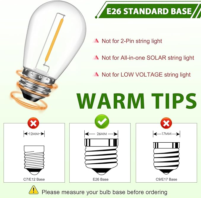 LED S14 Replacement Light Bulbs for Outdoor String Lights, 1W Shatterproof Edison Light Bulbs for Outside Patio Garden, E26 Standard Base, Dimmable, 2200K Warm White, 15 Pack