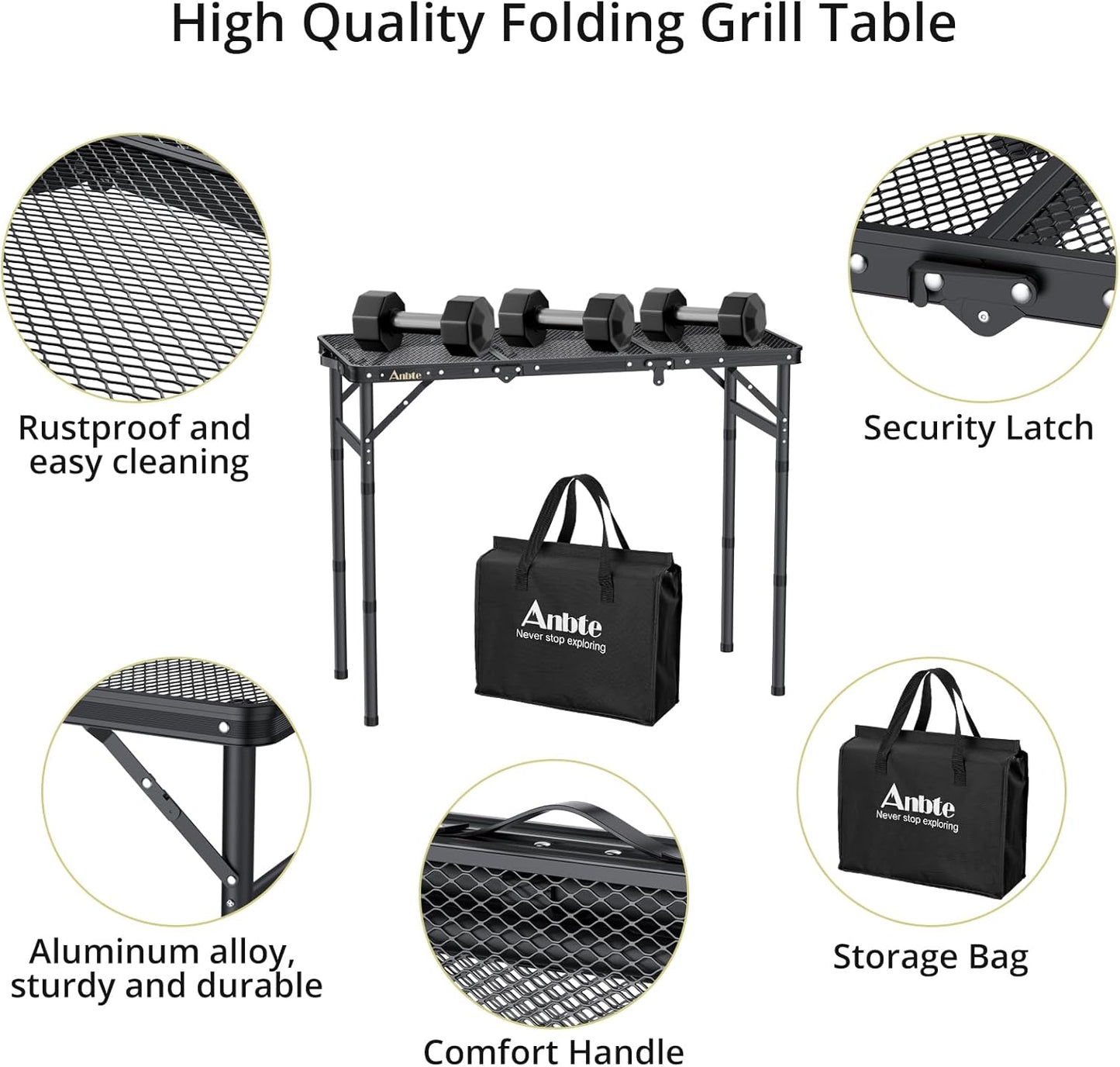Folding Grill Table, Aluminum Camping Table Adjustable Height Max 27.5" Picnic Table Outdoor Table, Lightweight, Portable Handle for Travel Cooking BBQ Picnic, 35" x 16", Black