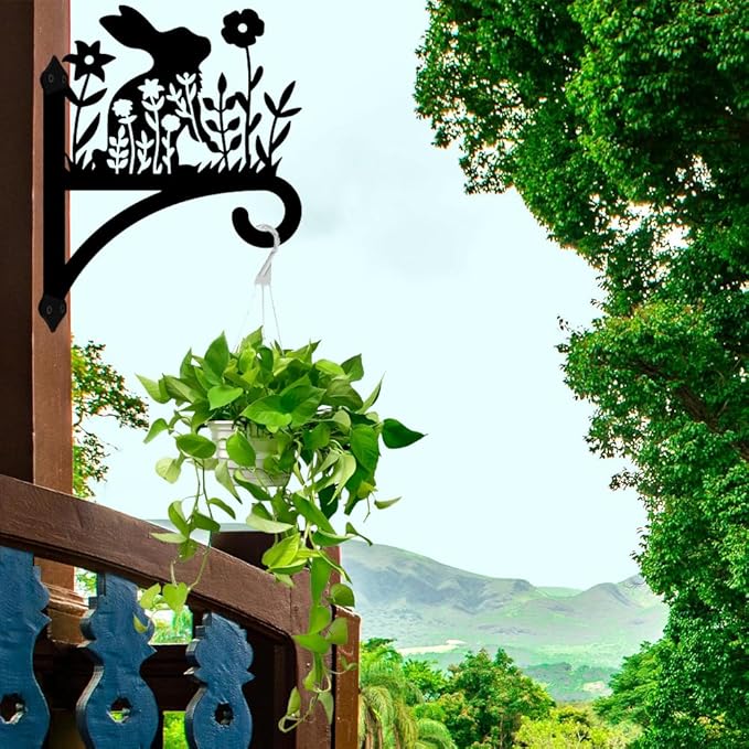 Peacoblue Iron Plant Hangers Hooks for Outdoor Indoor Hanging Plants Flower Fern Pots, Lantern, Bird Feeder, Wind Chimes, 12”x14” Weather Resistant Metal Wall Holder for Porch Garden Farmhouse(Rabbit)