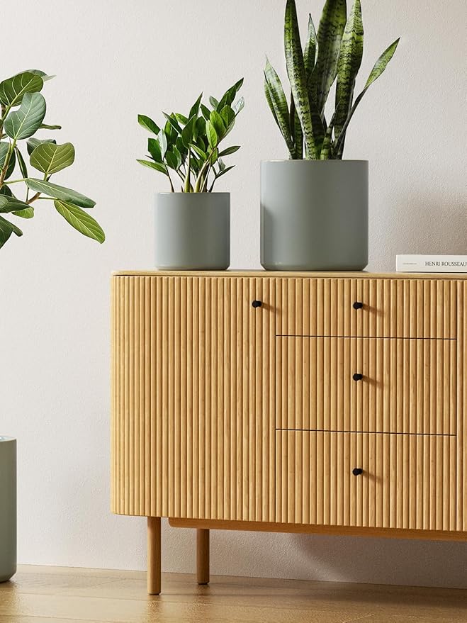 LE TAUCI Ceramic Plant Pots Indoor, 10 Inch 8 Inch 6 Inch Planters for Indoor Plants, Mid-Century Modern Flower Pots with Drainage Hole, Cylinder Round Planter Pots, Set of 3, Reactive Glaze Blue Gray