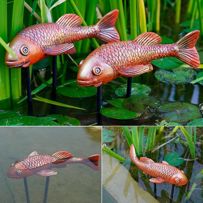 Antique Ceramic Koi Fish Garden Statues - Set of 2 | Exquisite Fish Sculptures for Outdoor, Patio, Pond, and Garden Decorations (Brassy)