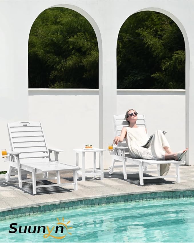 Lounge Chair Outdoor Set of 4 with Wheels, Adjustable 6-Position Chaise Lounge Outdoor, Patio Lounge Chair for Poolside Backyard, White