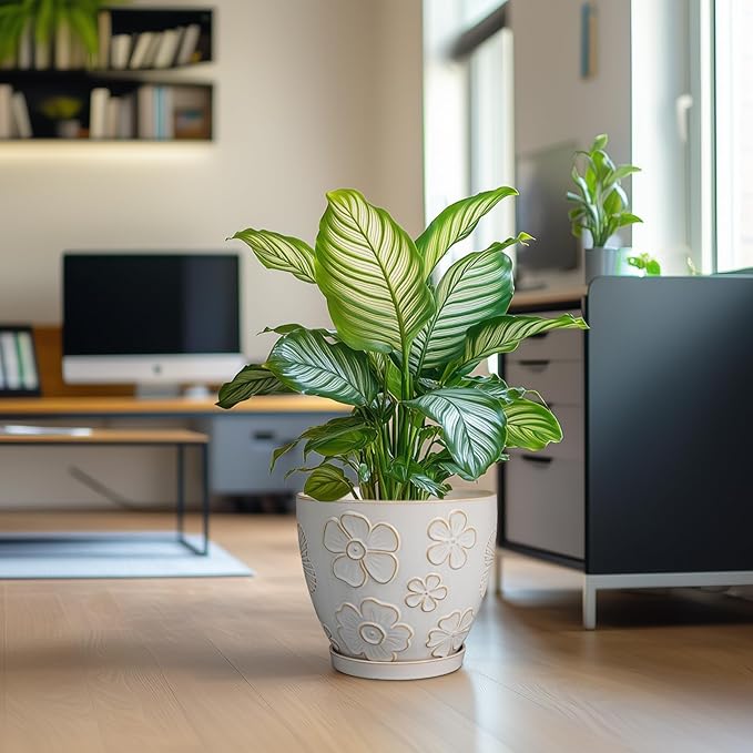 10 Inch Ceramic Planter Pot Large Plant Pot for Indoor Plants Outdoor Round Flower Pot with Drainage Hole and Saucer for Home Garden Decor White