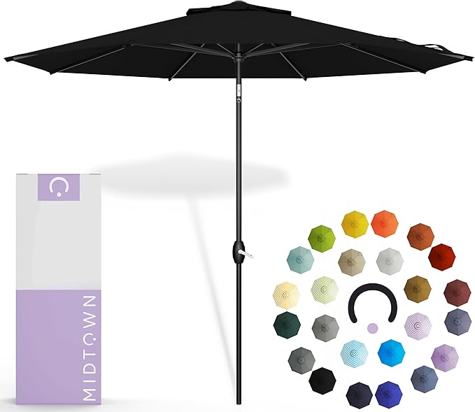 Midtown Umbrellas 10-Year-No-Fade - 9 Ft - UV Proof Ebony Black Polyester Fabric - Umbrella Outdoor Patio, Auto-Tilt Aluminum Frame Patio Umbrella for Garden, Pool & Deck - Black Pole