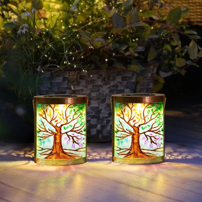 Starsoul 2 Pack Hanging Solar Lantern Outdoor Waterproof Glass Tree of Life Decorative Solar Lights for Outside Garden Yard Table Patio Decor