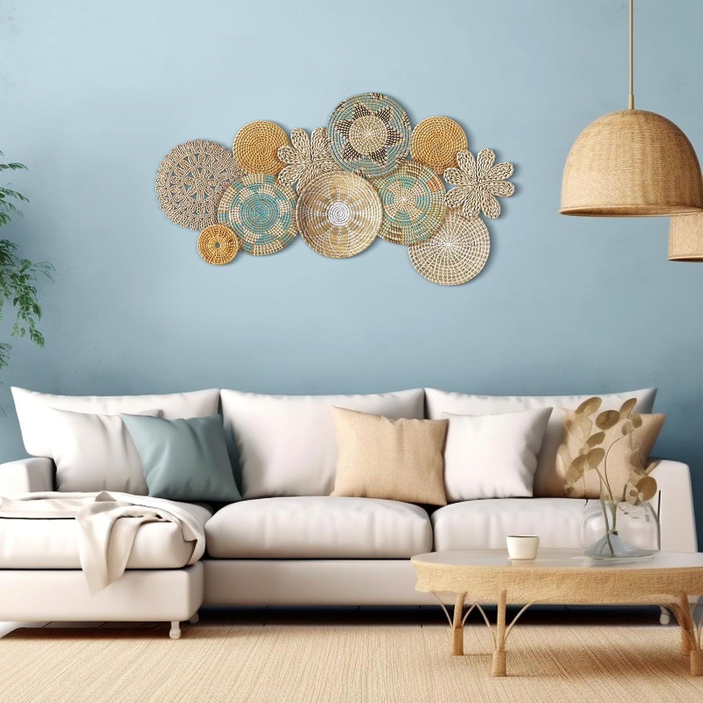 Xuhal 11 Pcs Boho Hanging Wall Basket Decor Handmade Woven Basket Wall Decorative Boho Wicker Baskets Placemats Round Farmhouse Bulrush Art for Rustic Home Decorations Christmas Gift(Bright)