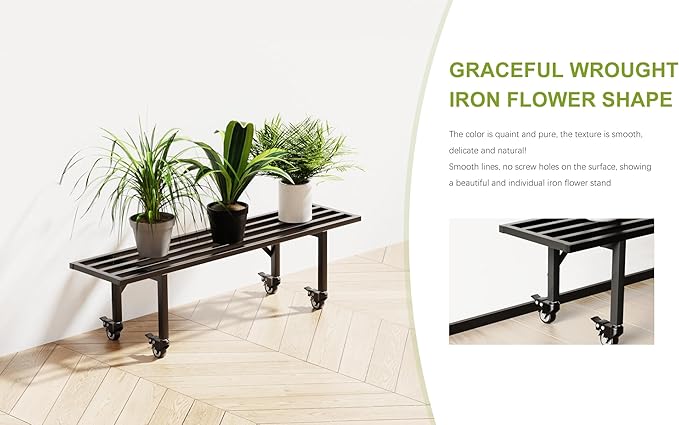 Zhongma One Tier Metal Plant Stand with Wheels,(35.43 L x 8.66 W x 10.3 H) Heavy Duty Plant Holder for Home, Window,Garden, Plant Lovers, Display Stand