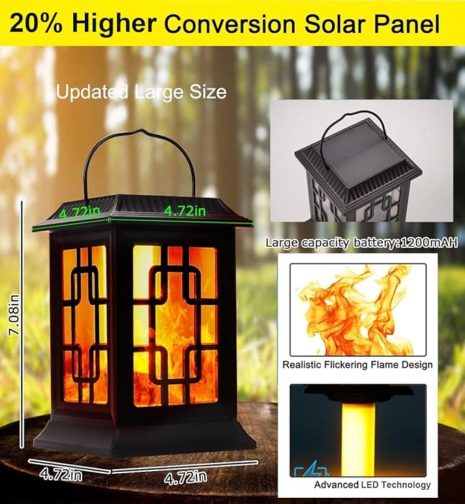 Solar Lanterns - Outdoor Hanging Solar Lights with Flickering Flame, Decorative Garden Lanterns, Waterproof LED Lights for Garden, Patio, Pathway, Yard - 2 Pack
