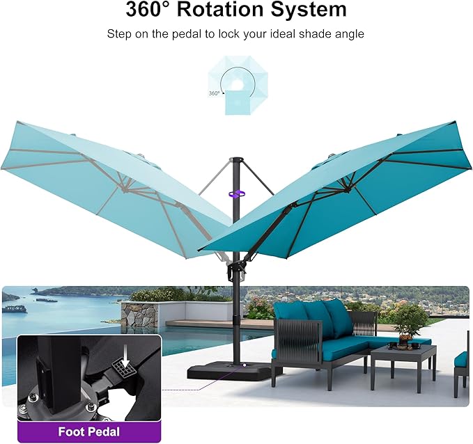PURPLE LEAF 9.8' X 9.8' Tilting Patio Umbrella with Base Outdoor Cantilever Swivel Square Umbrella with Tilt Aluminum Offset Umbrella with 360-degree Rotation for Garden Deck Pool Patio Turquoise Blue
