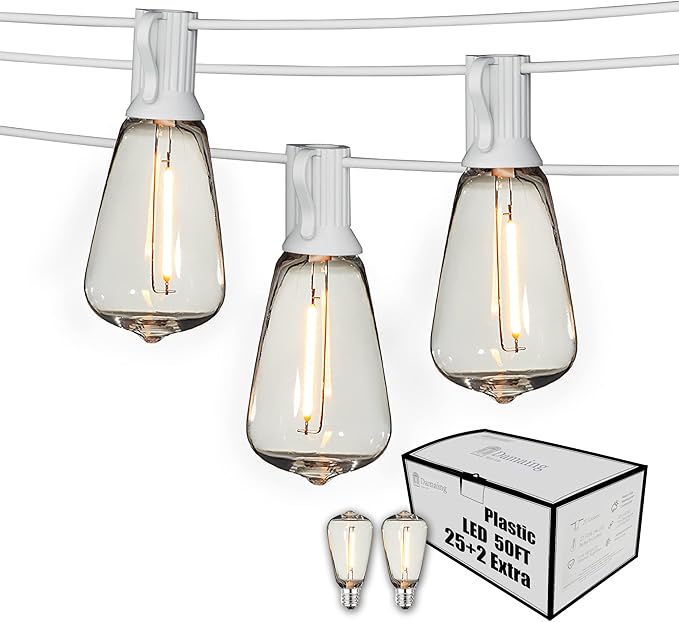 Outdoor String Lights 50FT Waterproof,LED Patio Lights Dimmable with 27 Bright Shatterproof Retro Bulbs,Vintage Edison String Hanging Lights for Outside Bistro,Backyard,Balcony,White Cable