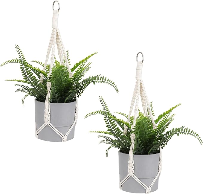 Macrame Plant Hanger, 2 Pack Boho Hanging Planters Baskets for Indoor Plants Decorative Braided Cotton Rope Flower Pot Holder with Metal Hook Rings for Outdoor Home Decor, No Tassels, Ivory, 20 Inchs