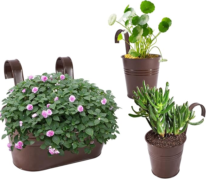 Metal Iron Flower Pots for Railing Fence Hanging Bucket Pots(5 Pcs) and Hanging Flower Pots Metal Iron Bucket Planter(10 Pcs) (Bronze)