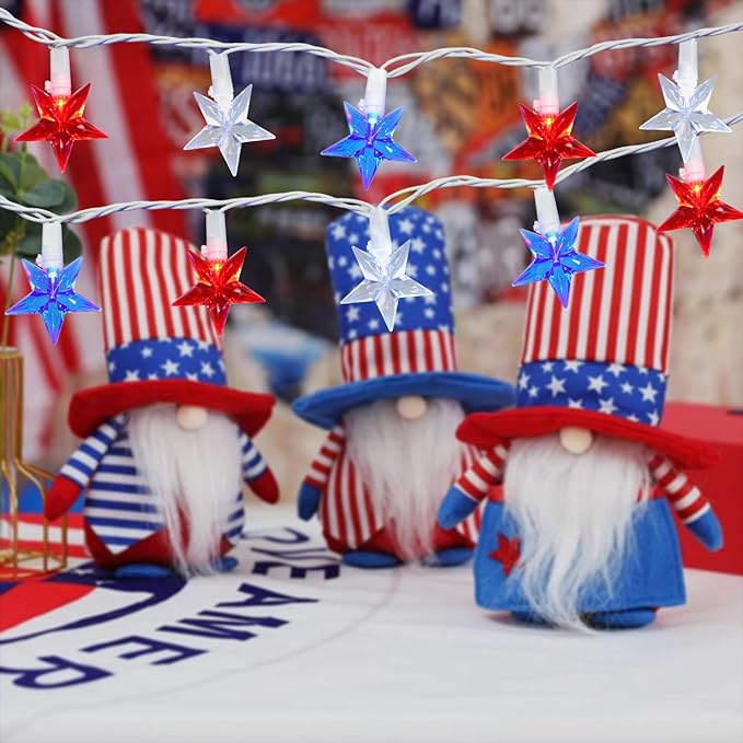 50 LED Red White and Blue Star Lights, 18.5FT 4th of July Lights Plug in, Patriotic Decorations Outdoor Star String Light for Home Patio Porch Garden Memorial Day Independence Day Decor, White Wire