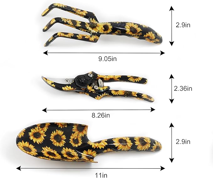 GARTOL Garden Tool Set - 3 Piece Thickly Cast Aluminum Gardening Tools Kit with Flower Paint, Heavy Duty Hand Garden Tools with Box Include Trowel, Rake, Pruner Shear, Gift for Gardener (Sunflower)