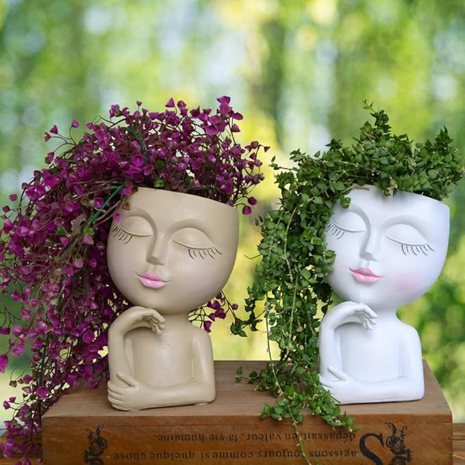Face Planters Pots Head Planter, Plant Pots with Heads for Plants, Lady Statue Plant Pot, Unique Flower Pots with Drainage, Thinking Women Statue, Boho Vase, Cute Vases Home Decor Gift (7 Inch Khaki)