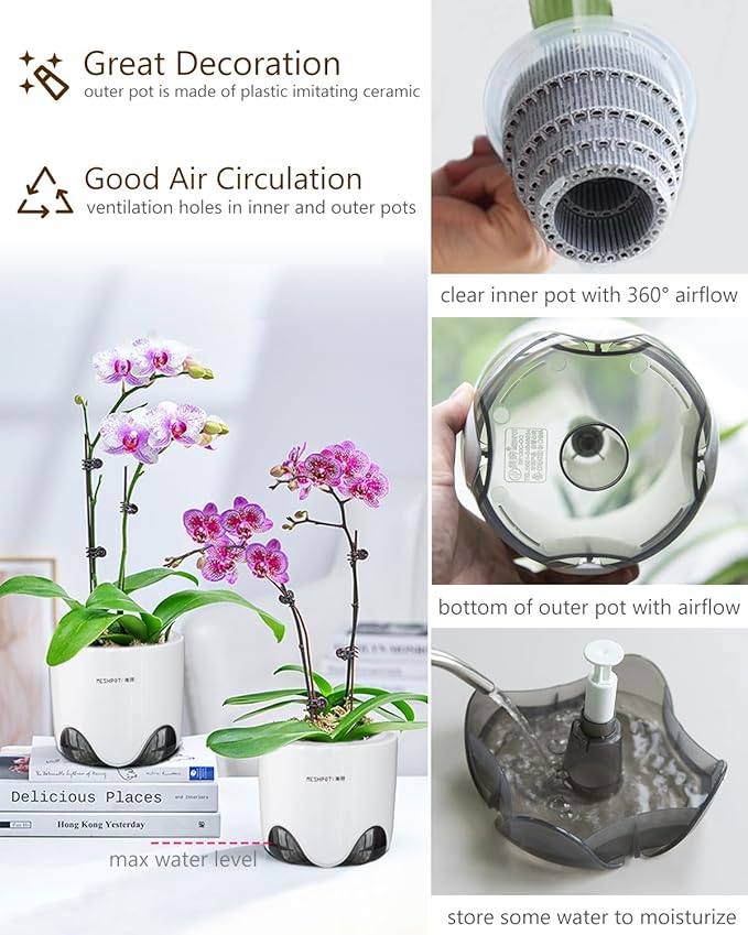 5 inch Orchid Pots with Holes for Repotting with Excellent Airflow, Set of 1, Double Layer Plastic Imitate Ceramic Orchid Planter, Clear Orchid Pot Match Decorative Orchid Container