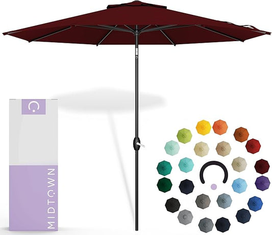 Midtown Umbrellas Sunbrella Umbrella 8 Feet Outdoor Umbrella With Sunbrella Burgundy Acrylic Fabric - Auto-Tilt Aluminum Frame Patio Umbrella For Backyard, Deck, Garden, Pool - Black Pole
