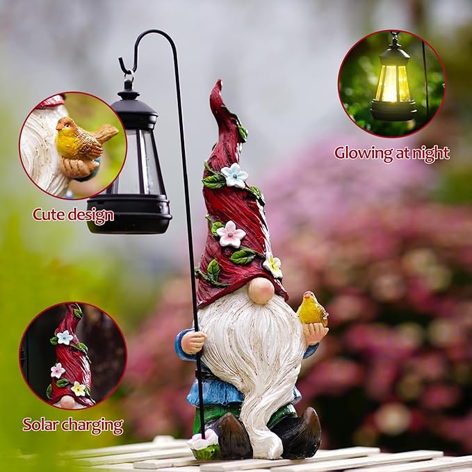 Garden Gnomes Outdoor Statue with Solar Lights,Solar Gnomes Decorations for Yard Outdoor gnome Decorations for Garden, Patio Gnome Gifts for Mom