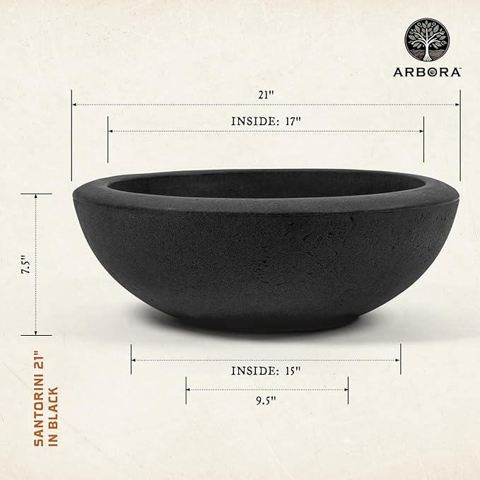 ARBORA 21" and 26” Santorini Bowls with Classic Black Finish - Polyresin Indoor and Outdoor Planters, Durable, Weatherproof, Lightweight, Large Plant Pots for Patio, Garden, Deck