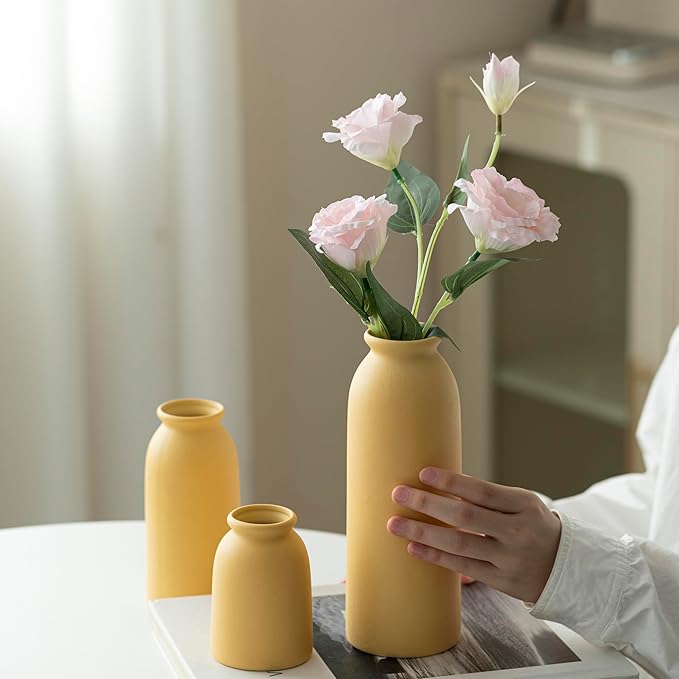 Ceramic Vase Set-3, Small Flower Vases for Decor, Modern Boho Farmhouse Style, Decorative Vases for Pampas Grass & Dried Flowers, Distressed Finish (Yellow)