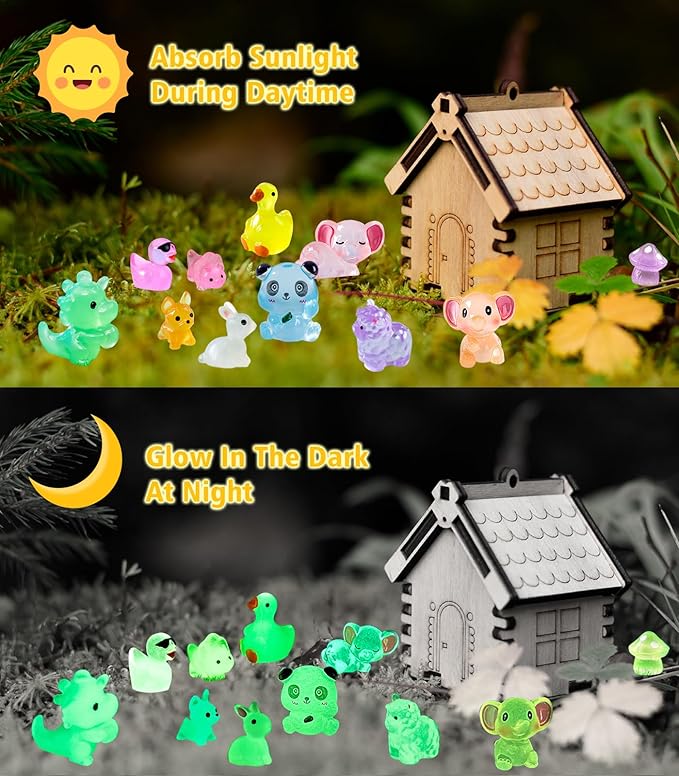 120 Pack Various Luminous Mini Resin Animals, Mini Ducks Dinosaurs Tiny Frogs Pandas Small Mushroom Miniature Figurines Glow in The Dark for DIY Garden Micro Landscape Aquarium Potted Decor