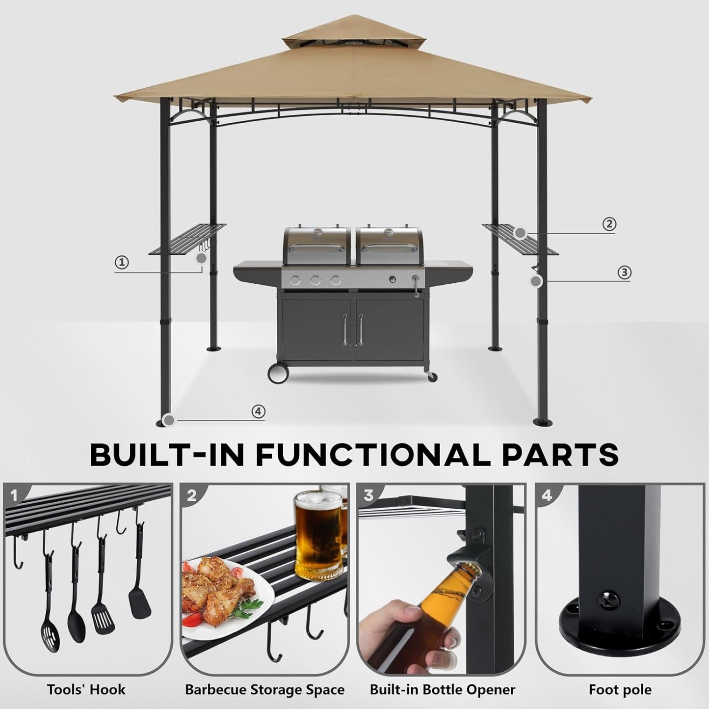 COOSHADE 8'x 5' Grill Gazebo Double Tiered Outdoor BBQ Gazebo Canopy with LED Light (Khaki)