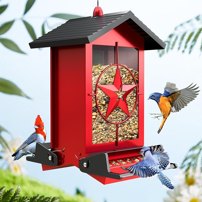 Squirrel Proof Bird Feeder for Outdoors Hanging, Metal Wild Bird Seed Feeder with Bilateral Weight-Activated Perches, 5LB Large Capacity Wild Bird Feeders for Outside Finch, Cardinal, Blue Jay