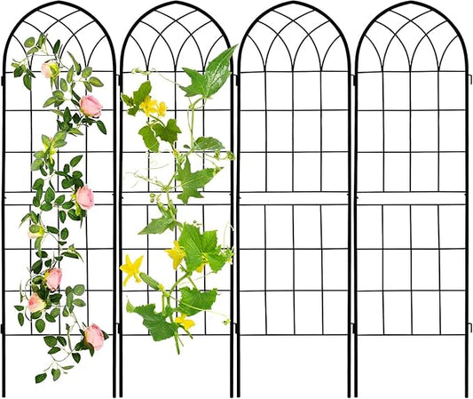 LZRS 4 Pack 71x20in Rustic Iron Arch Decoration Garden Trellis with Black Metal Coating – Perfect for Supporting Climbing Plants Outdoor, Roses, Vines, Flowers, and Vegetables.