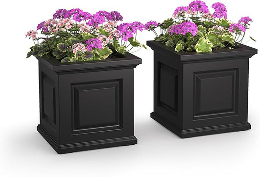 Mayne Nantucket 16-Inch Square Planter, 2-Pack – Self-Watering, Weather-Resistant Planter for Flowers – Durable Outdoor Design for Patio, Porch, or Entryway