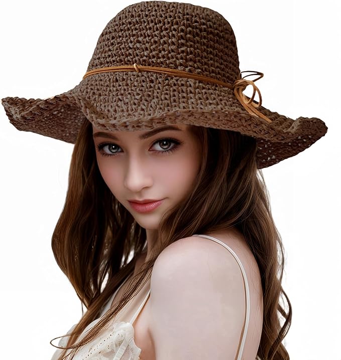 Womens Straw Beach Sun Hats, Foldable Packable Floppy Handmade Crochet Hats for Women,Large Summer Vacation Wide Brim Hat